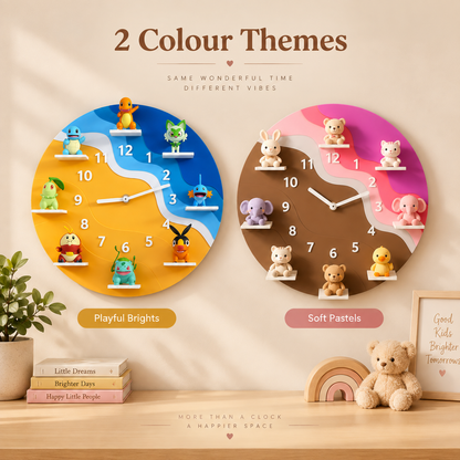 Two round children's wall clocks displayed side by side on a beige wall above a wooden shelf. The left clock is labeled 'Playful Brights' with a blue, yellow, and orange design and colorful animal figures; the right clock is labeled 'Soft Pastels' with a pink, brown, and purple design and teddy bear figures.