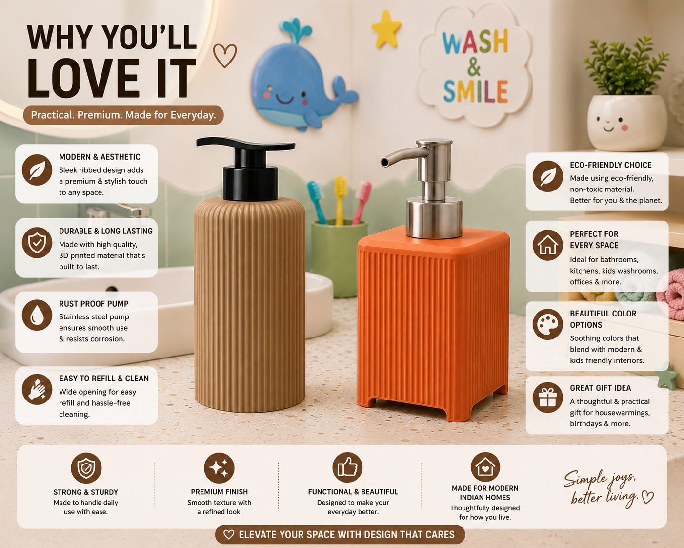 An orange ribbed plastic pump dispenser bottle with a stainless steel pump, shown on a countertop in a bathroom setting with other toiletries and text callouts explaining its benefits.