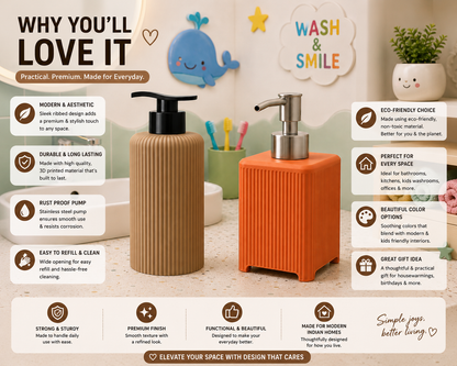 An orange ribbed plastic pump dispenser bottle with a stainless steel pump, shown on a countertop in a bathroom setting with other toiletries and text callouts explaining its benefits.