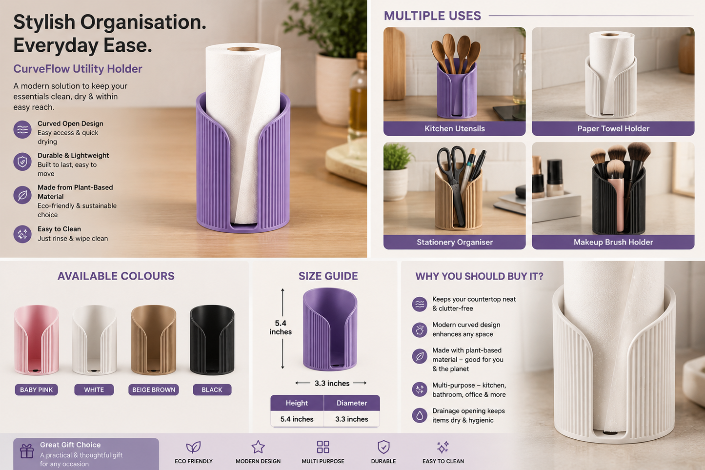 An infographic product page for a CurveFlow Utility Holder by GABGIRL, showing the product in purple and white, with text detailing its features, available colors, size guide, and multiple use cases.