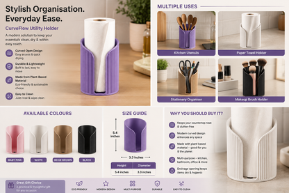 An infographic product page for a CurveFlow Utility Holder by GABGIRL, showing the product in purple and white, with text detailing its features, available colors, size guide, and multiple use cases.