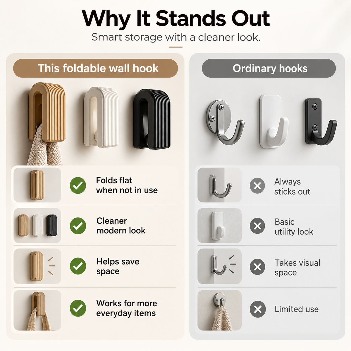A marketing infographic comparing a foldable wall hook with ordinary hooks, titled 'Why It Stands Out.' The left panel shows the foldable hook in wood, cream, and black finishes, with text noting it folds flat when not in use, has a cleaner modern look, saves space, and works for everyday items.