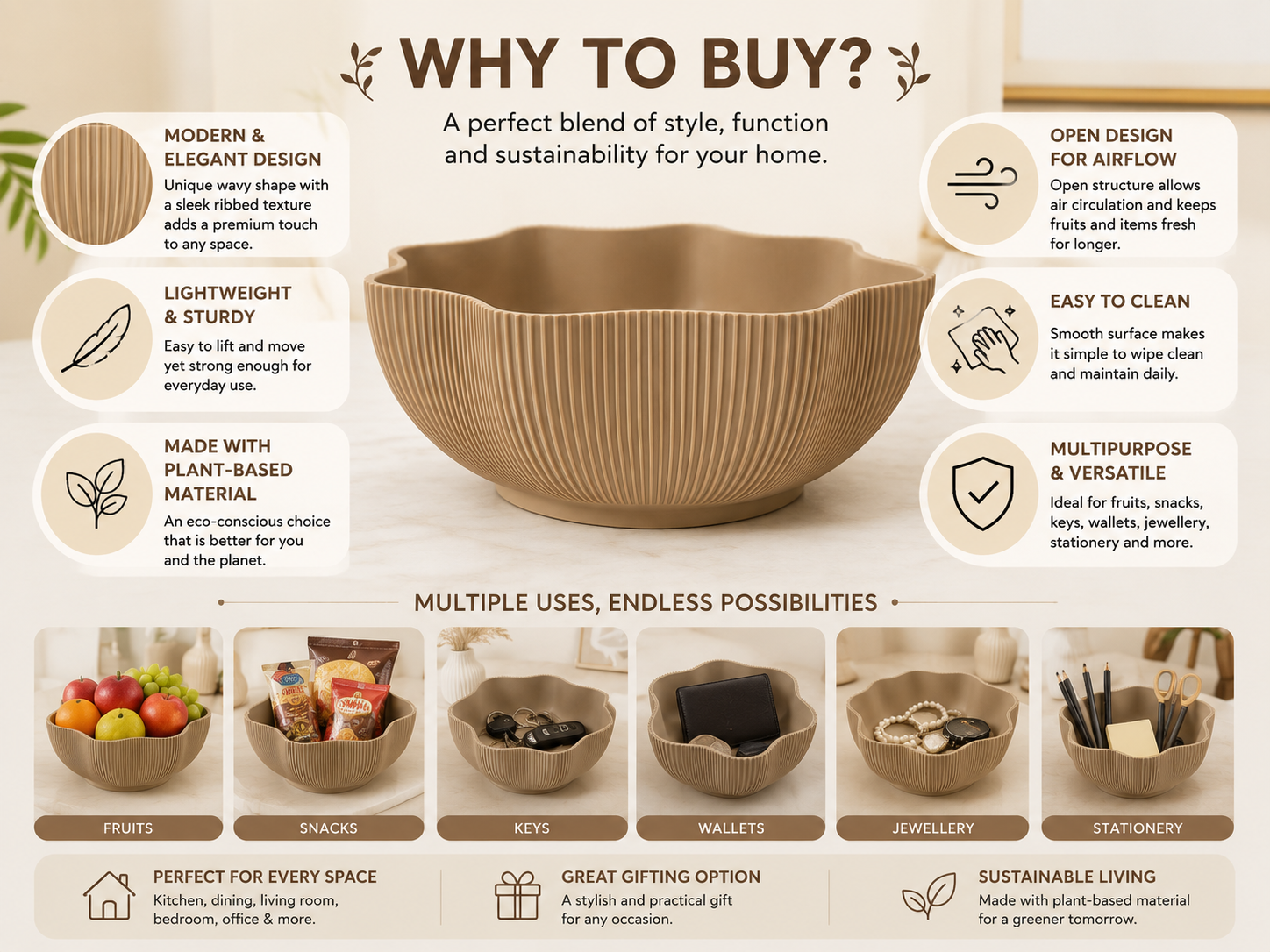 An infographic detailing the benefits of buying a plant-based woven bowl, featuring a large central beige bowl, text points on modern design, lightweight/sturdy construction, and easy cleaning, along with smaller images showing the bowl in use for fruits, snacks, keys, wallets, jewelry, and stationery.