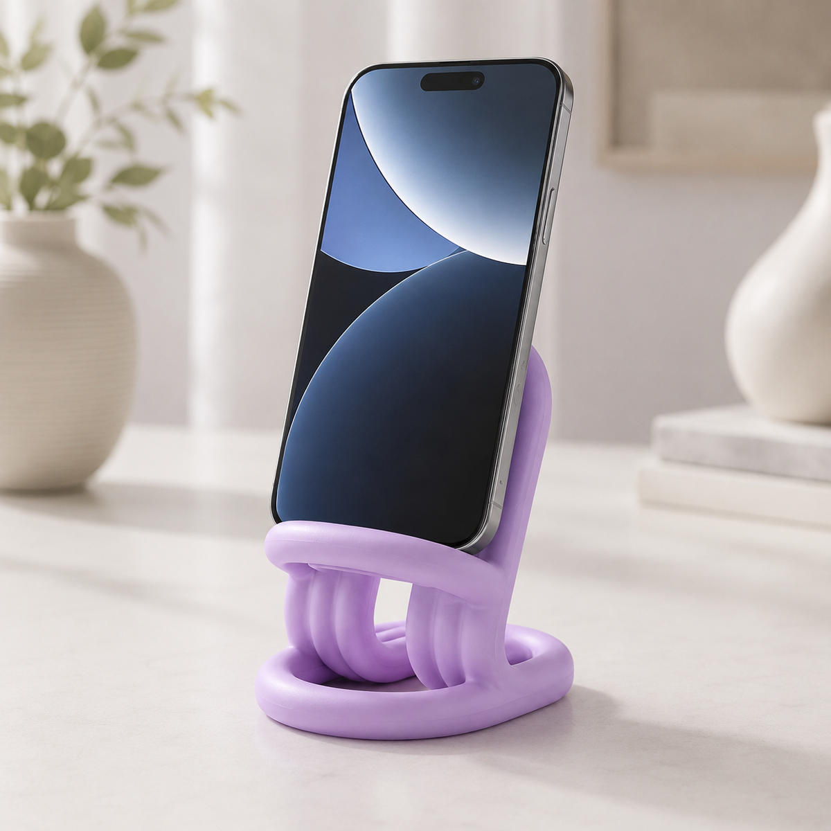 A lavender purple phone stand holding a smartphone, set on a light tabletop with soft-focus decorative objects in the background.