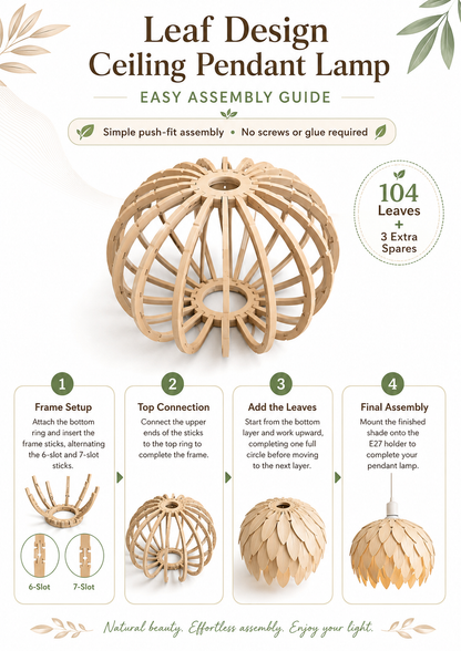 Leaf design ceiling pendant lamp assembly guide showing frame setup, leaf fitting and final E27 holder installation