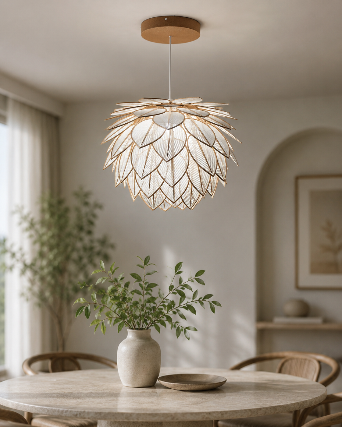 Warm white leaf design ceiling pendant light above a modern dining table