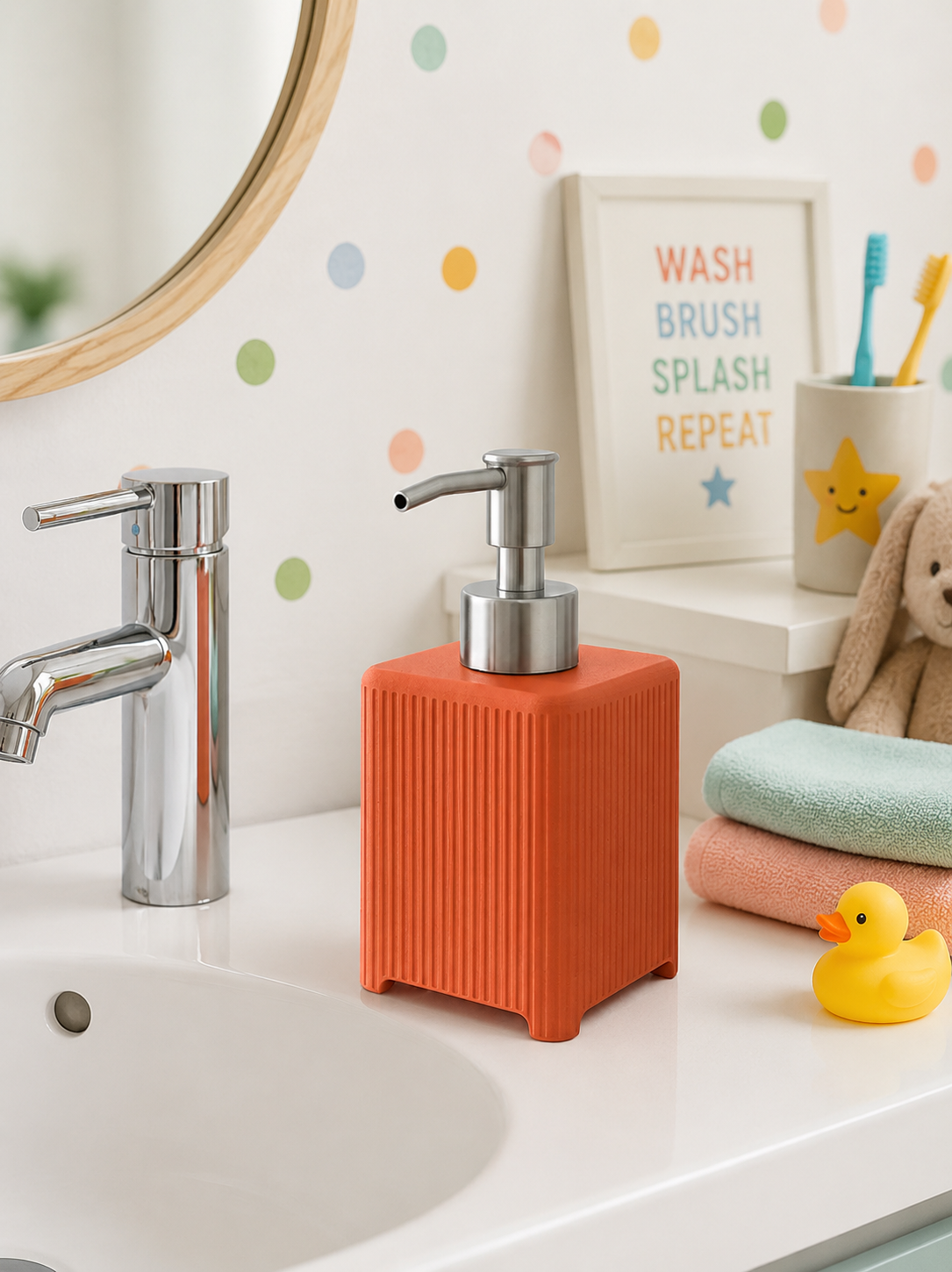 An orange ribbed soap dispenser with a silver pump sits on a white bathroom counter next to a chrome faucet, with a mirror, toothbrush holder, bunny toy, and rubber duck in the background.
