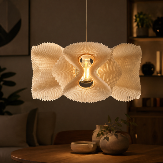 Decorative lamp with a textured design on a table in a dimly lit room.