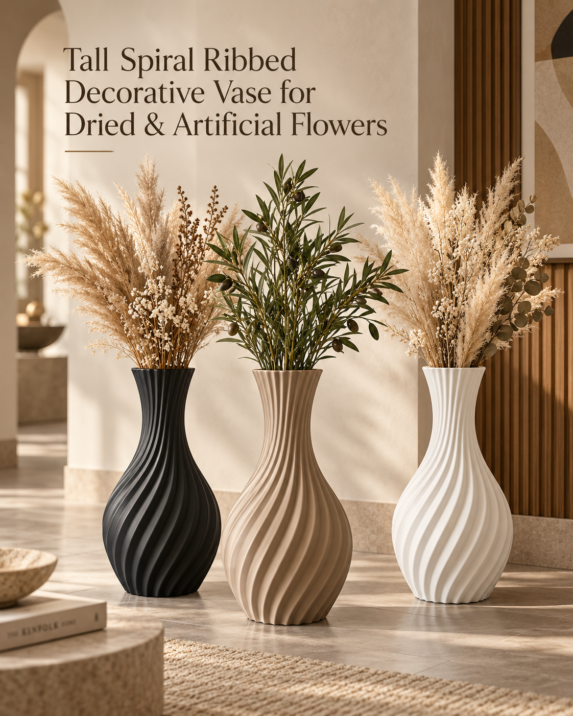 Three tall ribbed spiral decorative vases for dried and artificial flowers, shown in black, beige, and white, styled with pampas grass and greenery in a warm interior setting.