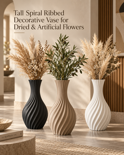 Three tall ribbed spiral decorative vases for dried and artificial flowers, shown in black, beige, and white, styled with pampas grass and greenery in a warm interior setting.