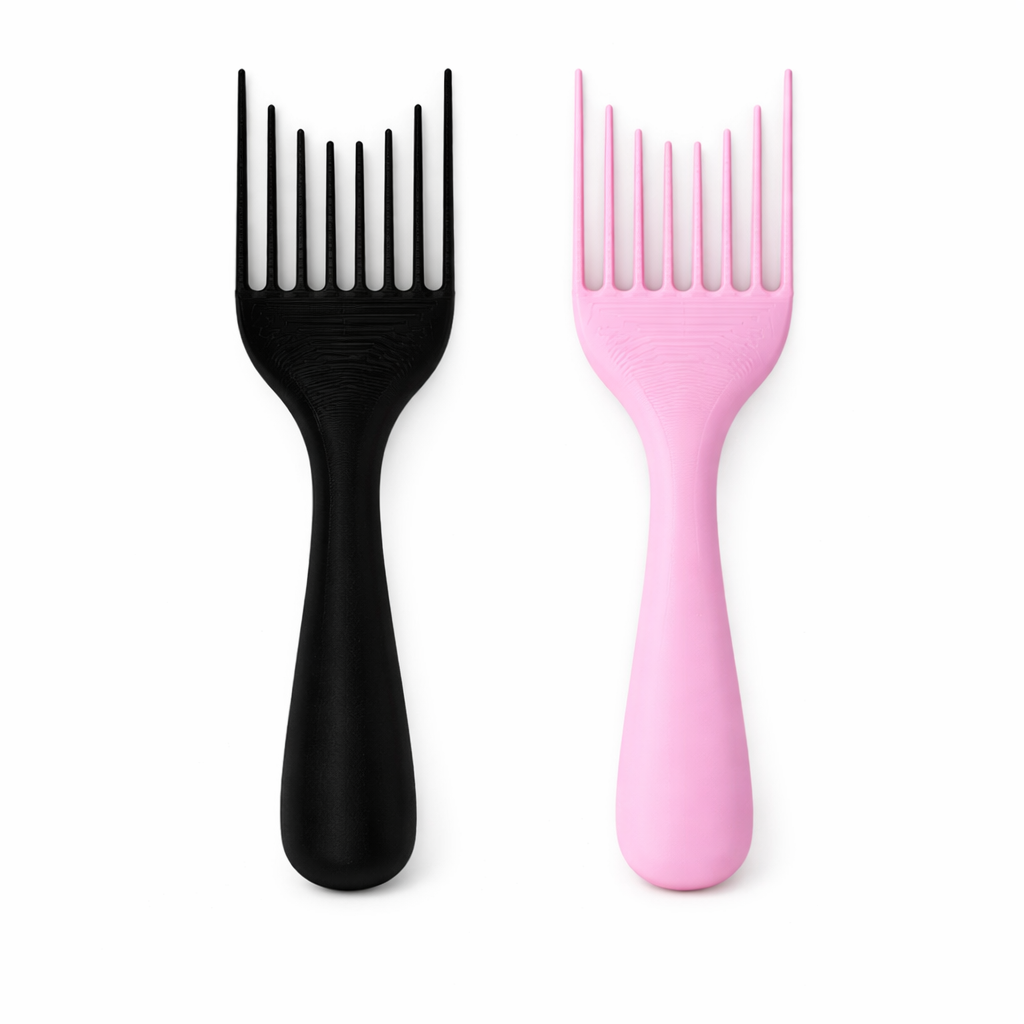Black and pink hair styling combs on a white background