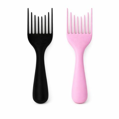 Black and pink hair styling combs on a white background