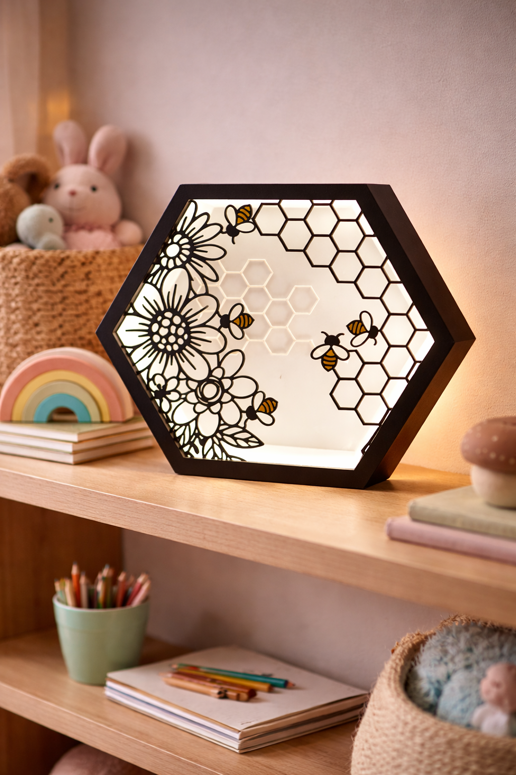 Decorative light fixture with floral and honeycomb design on a shelf with stationery items.