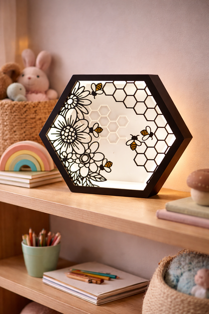 Decorative light fixture with floral and honeycomb design on a shelf with stationery items.