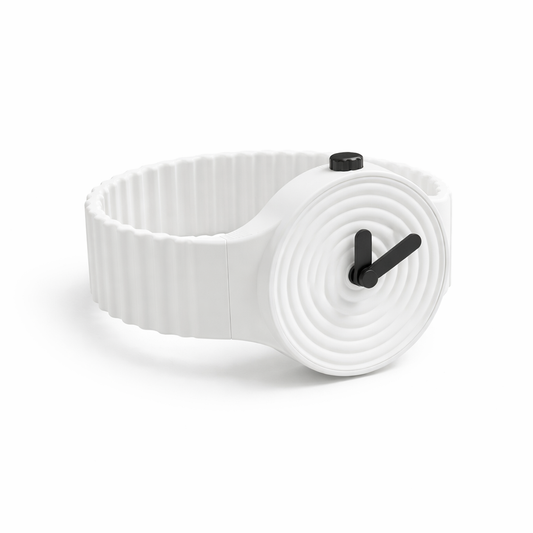 White watch with black hands on a white background