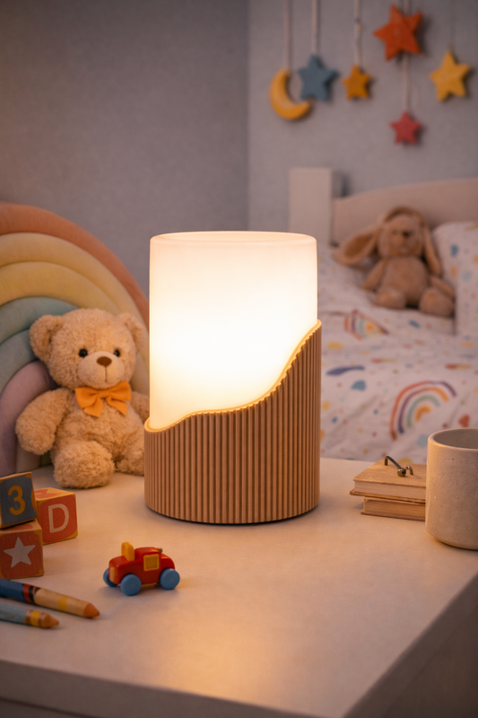 Children's room with a lamp, teddy bear, and toys on a nightstand.