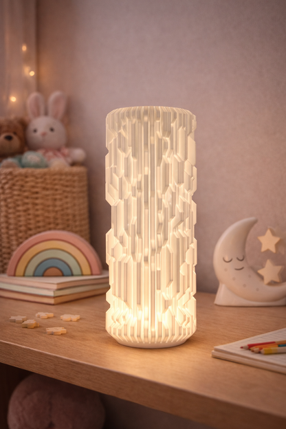 Decorative lamp on a wooden surface with soft lighting