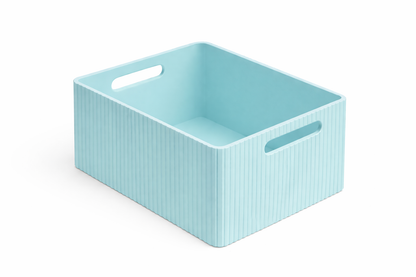 Light blue storage box with handles on a white background