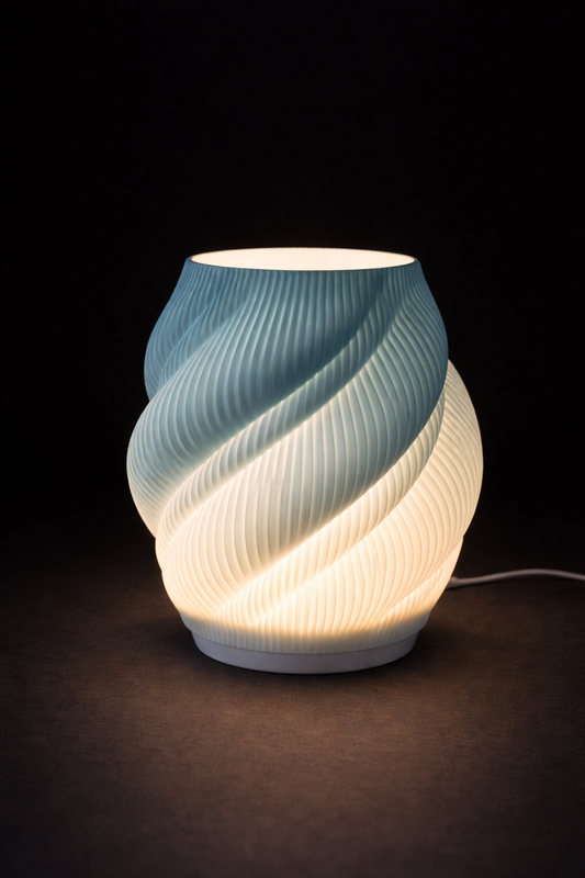 Decorative table lamp with a ribbed design on a dark background