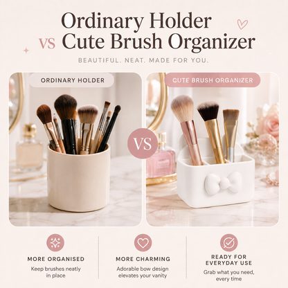A promotional comparison graphic for two brush holders: an ordinary cream-colored cup and a cute white holder with a bow. The image shows makeup brushes in both holders on a marble surface with soft pink decorative background elements.