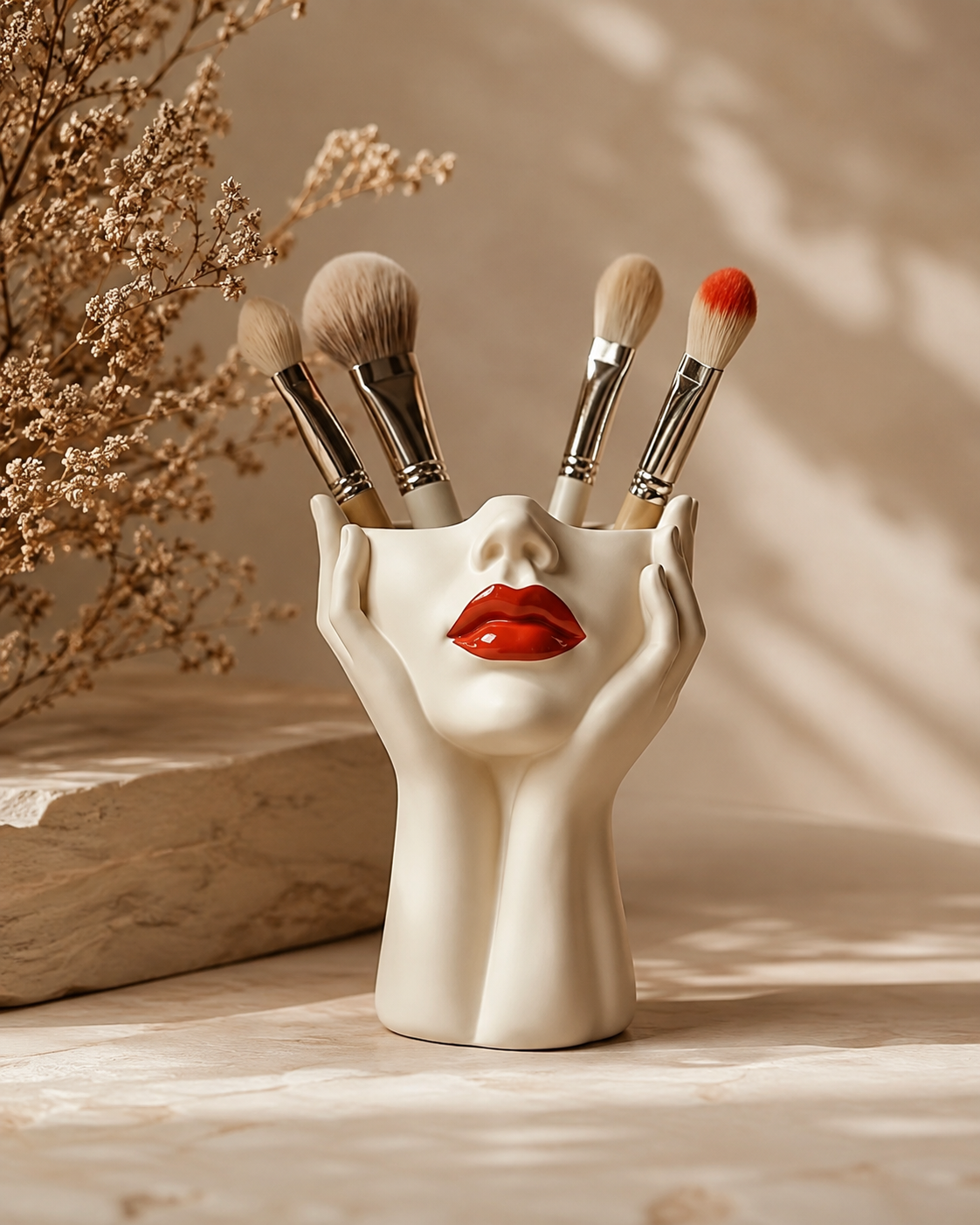A cream-colored ceramic makeup brush holder shaped like a woman's face held by her hands, containing several makeup brushes. The holder features bright red lips and is styled on a beige surface with dried flowers and soft shadows.