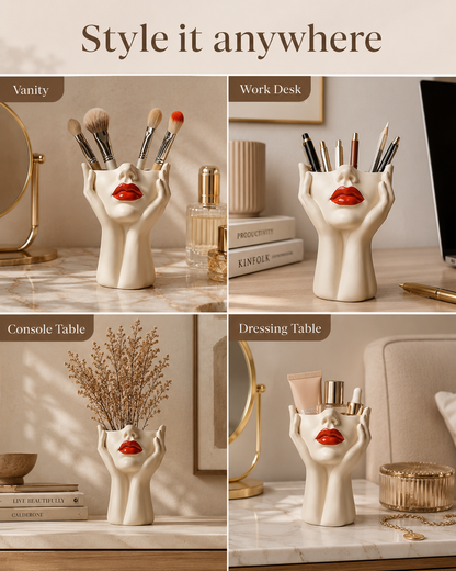 A four-panel lifestyle collage showing a sculptural ceramic makeup brush holder shaped like a female hand and face with red lips, styled on vanity, desk, console table, and dressing table. The top banner reads 'Style it anywhere.