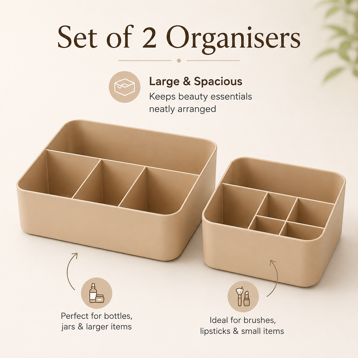Two beige plastic cosmetic organizers shown on a light cream background with marketing text. The set includes one larger organizer with multiple compartments and one smaller organizer with several small compartments.