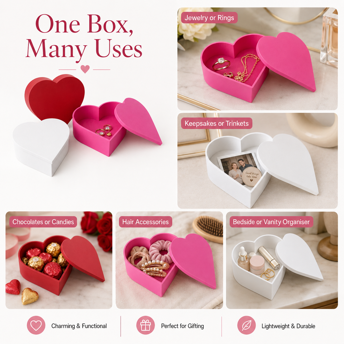 A collage showing heart-shaped jewelry and keepsake boxes in red, pink, and white, with text reading 'One Box, Many Uses' and examples for jewelry, keepsakes/trinkets, chocolates/candles, hair accessories, and a vanity organizer.