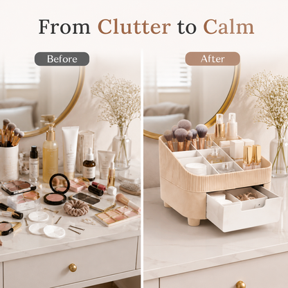 Before and after comparison of a beige makeup organizer on a white vanity. The left side shows a cluttered vanity with many cosmetics and brushes, labeled 'Before'.