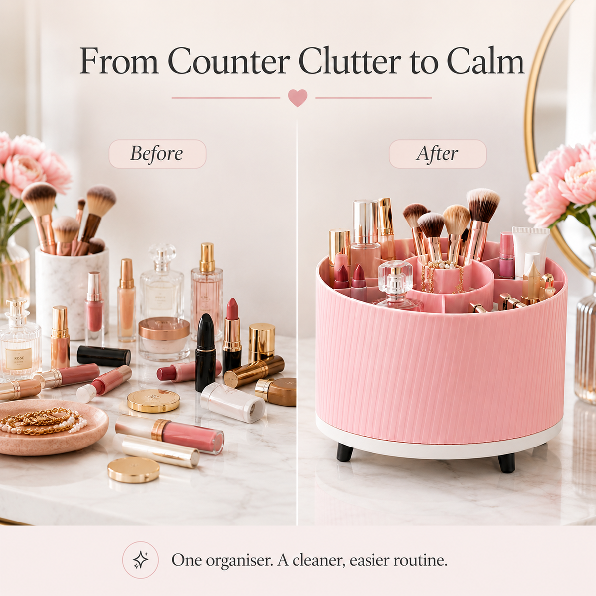 A pink cylindrical rotating makeup organizer with multiple cup compartments, shown on a marble counter beside cosmetics and flowers. The left side is labeled 'Before' with cluttered cosmetics, and the right side is labeled 'After' with the organizer neatly organizing brushes, bottles, and tubes.