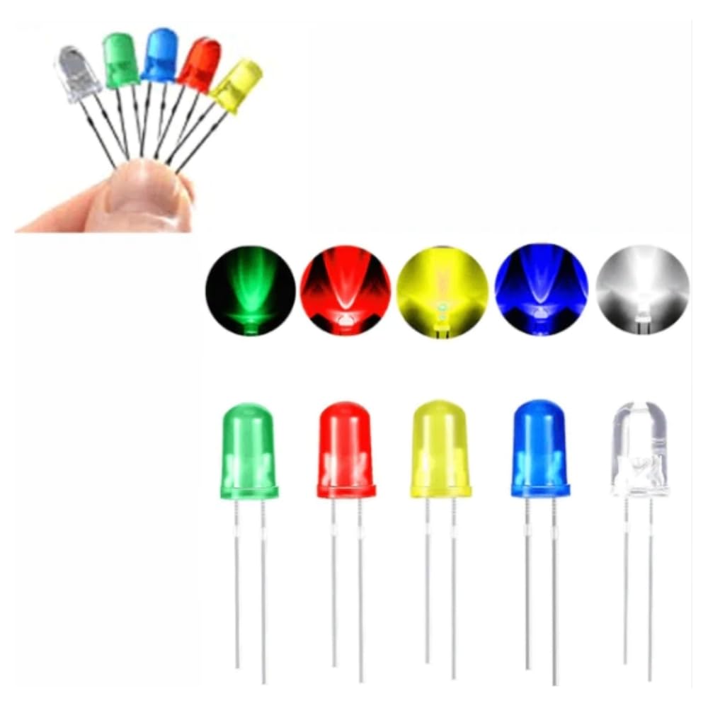 Set of colorful LEDs with a hand holding them against a white background