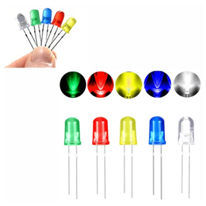Set of colorful LEDs with a hand holding them against a white background