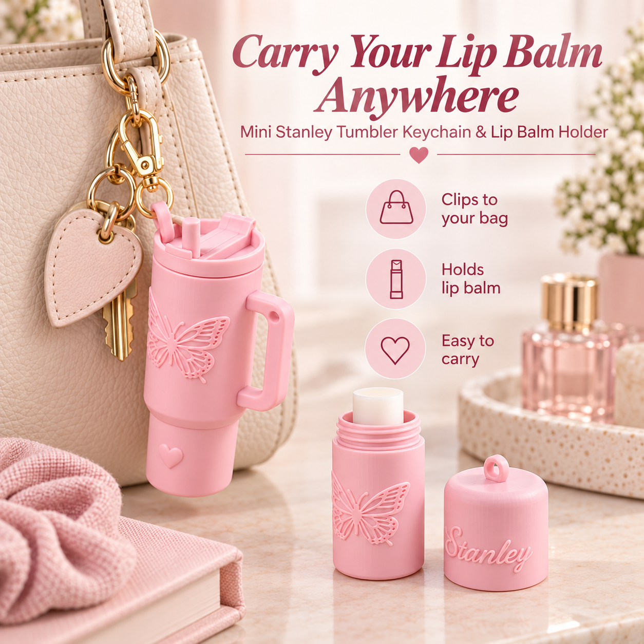 Pink mini Stanley tumbler keychain and lip balm holder shown attached to a beige handbag keychain, with the tumbler open and the lip balm container beside it. The scene includes promotional text, icons, and a softly styled tabletop setting with perfume bottles and a notebook.