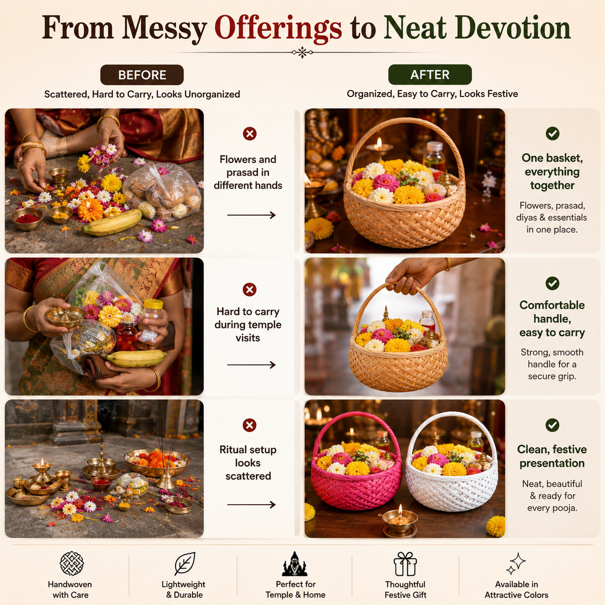 A promotional comparison graphic titled 'From Messy Offerings to Neat Devotion' showing before-and-after scenes of a person arranging and carrying flowers and decorative items. The left side labeled BEFORE shows scattered, hard-to-manage offerings; the right side labeled AFTER shows organized, basket-style presentation with one basket containing everything.
