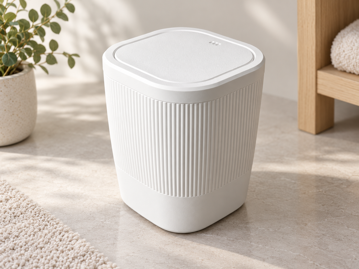 A white modern cylindrical trash can with a ribbed front and a square-shaped lid, shown in a bright, sunlit room setting on a light stone floor.