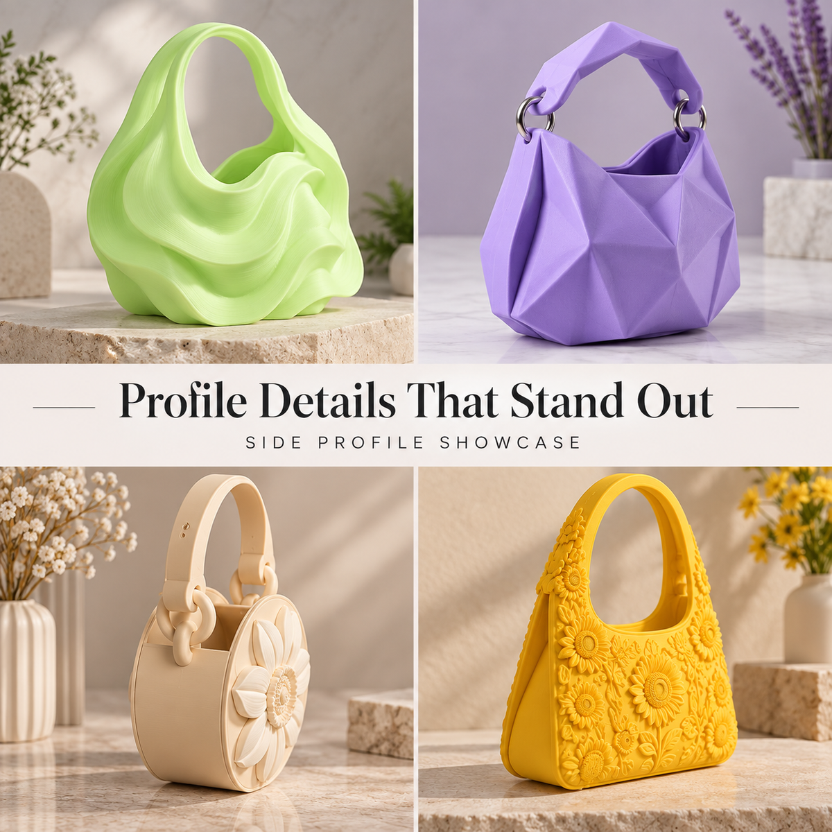 A four-panel collage showcasing different handbag side profiles in light green, lavender purple, cream, and bright yellow, with the text 'Profile Details That Stand Out' across the center.