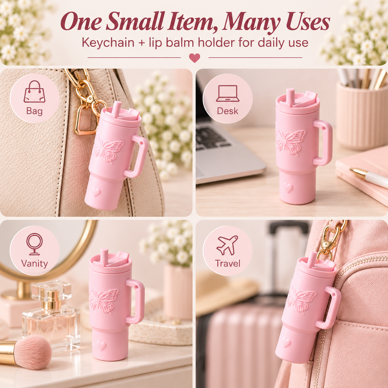A pink silicone lip balm holder keychain with an embossed butterfly design, shown in a four-panel lifestyle collage demonstrating its use as a bag charm, desk accessory, vanity mirror charm, and travel bag clip.
