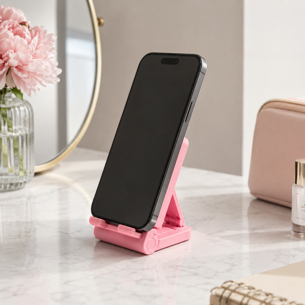 A pink folding smartphone stand holding a black smartphone, set on a light marble desk with a pink peony in a glass vase, a round mirror, and a blush pouch in the background.
