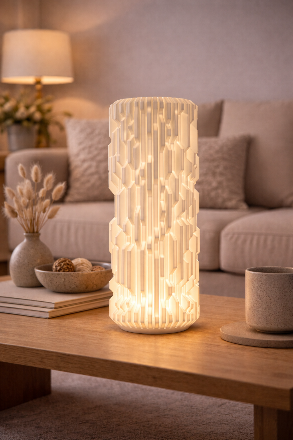 Decorative table lamp on a wooden coffee table in a living room setting.