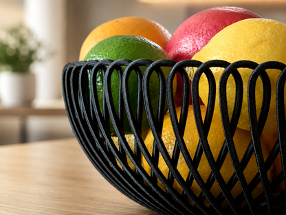 A black metal fruit bowl with a curved, interlocking lattice design, filled with citrus fruits including a yellow lemon, a green lime, and a red grapefruit, set on a light wood table in a softly blurred indoor setting.