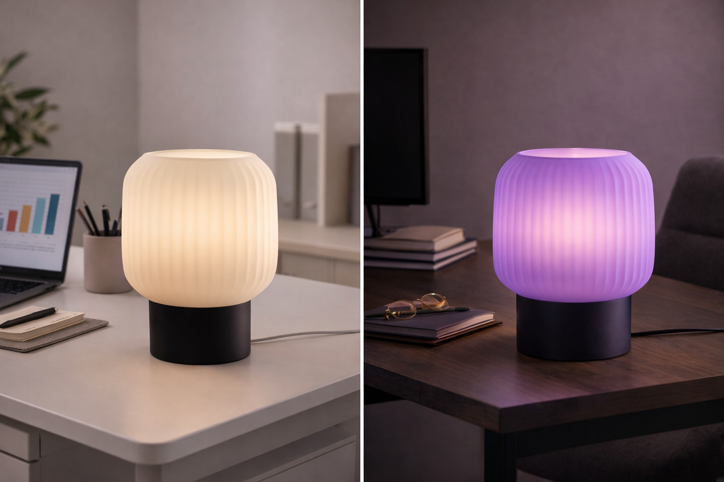 Two table lamps in different colors on a desk and a table.