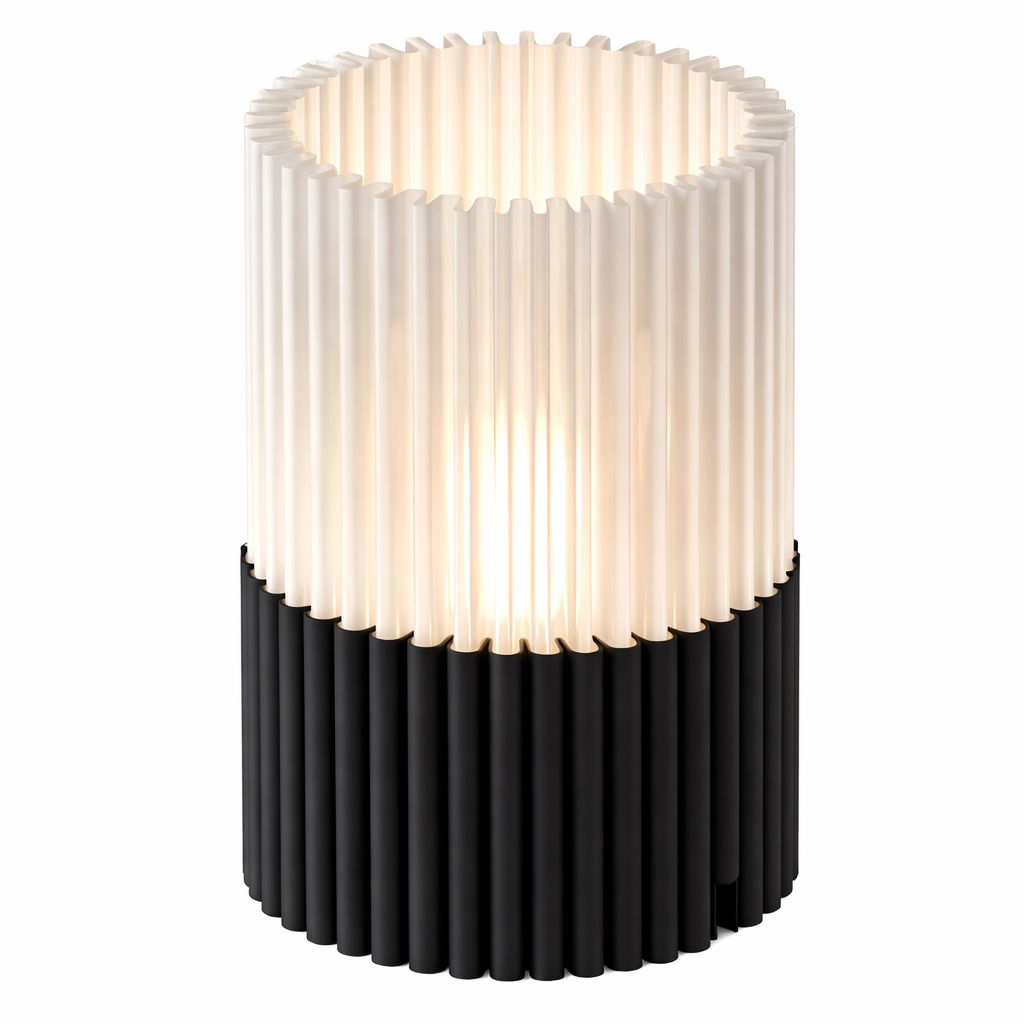 Cylindrical lamp with ribbed design on a white background