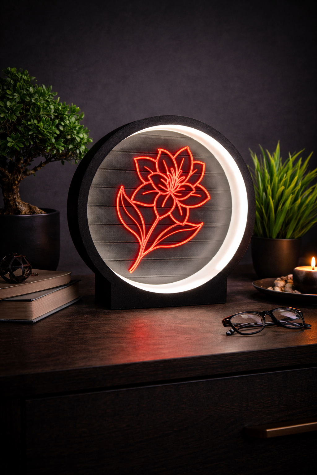 RoseGlow LED ring lamp with floral design for bedroom decor and romantic table lighting