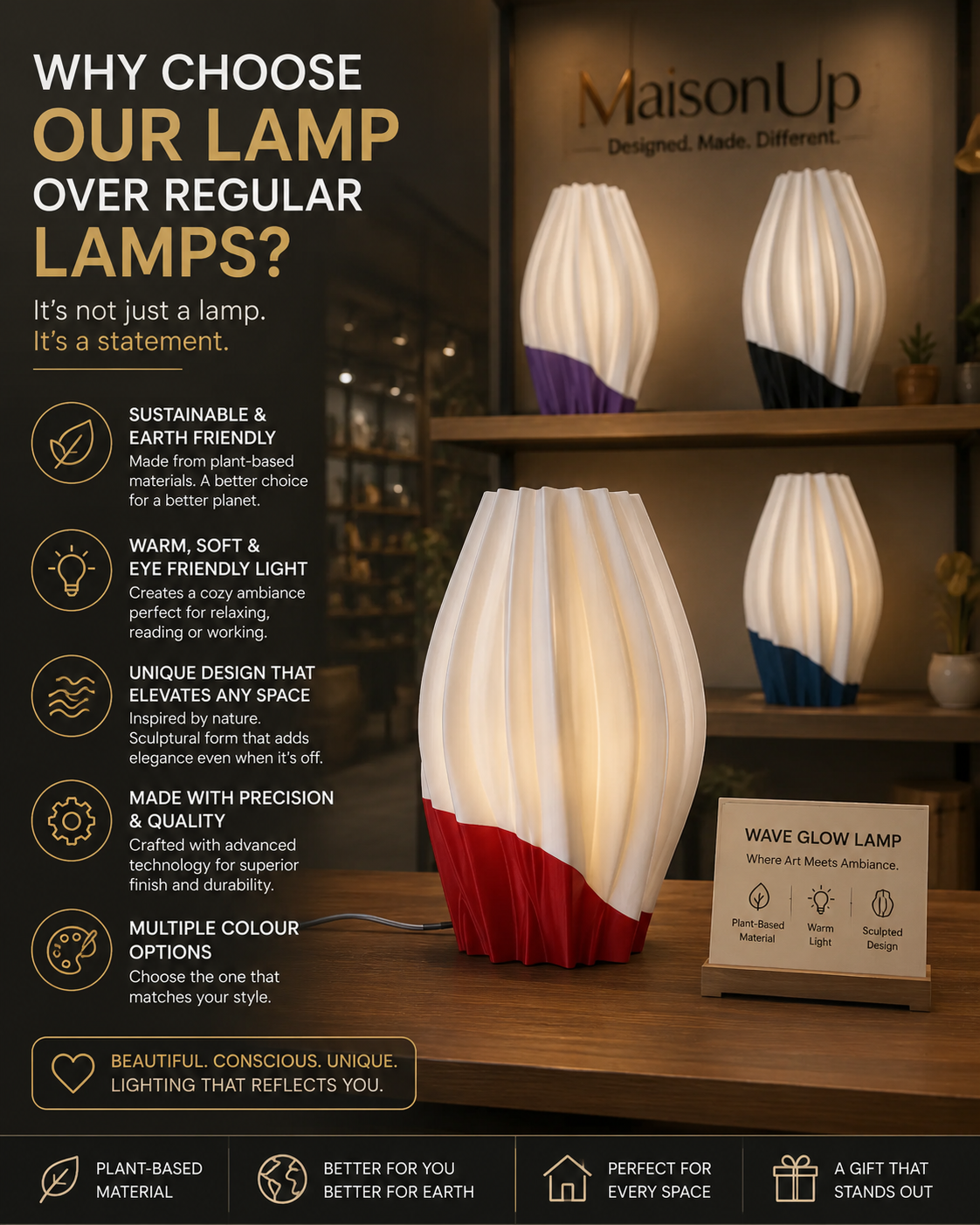 Modern Wave Glow Lamp on nightstand creating warm ambient light for bedroom