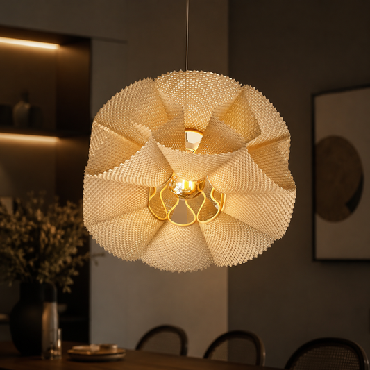 Decorative pendant light hanging in a dimly lit room with a warm glow.