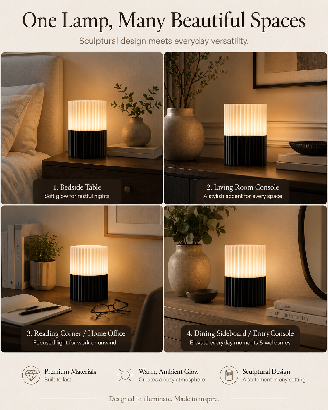 A four-panel promotional graphic for a ribbed cylindrical table lamp. The top text reads 'One Lamp, Many Beautiful Spaces.