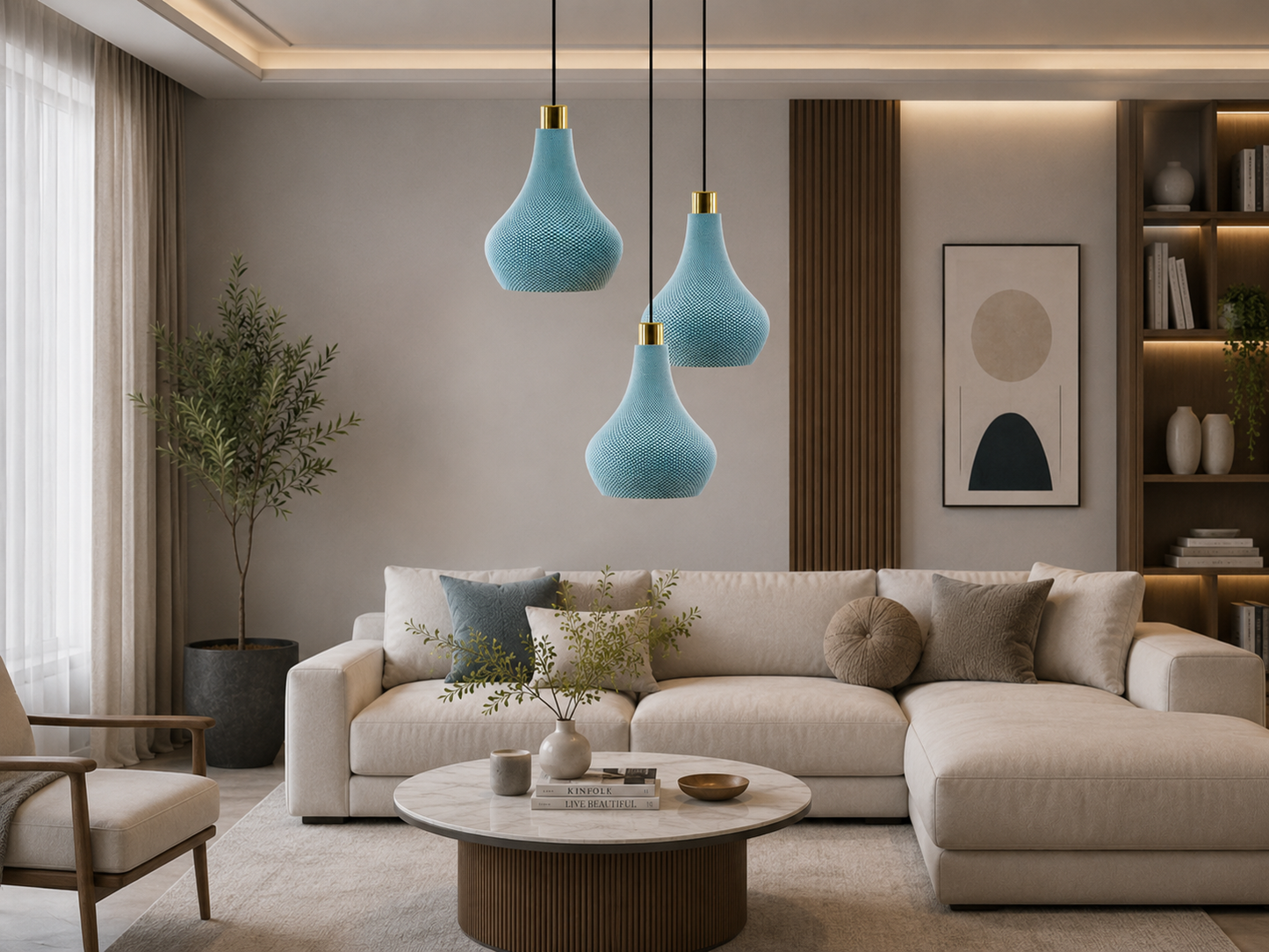 Modern living room with a beige sectional sofa, decorative pillows, and blue pendant lights.
