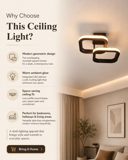 Promotional graphic for a modern ceiling light, showing the light fixture mounted on a beige wall above a bed in a bedroom setting. The left side contains marketing text with icons explaining the light's features, including modern geometric design, warm ambient glow, space-saving fit, and suitability for bedrooms.
