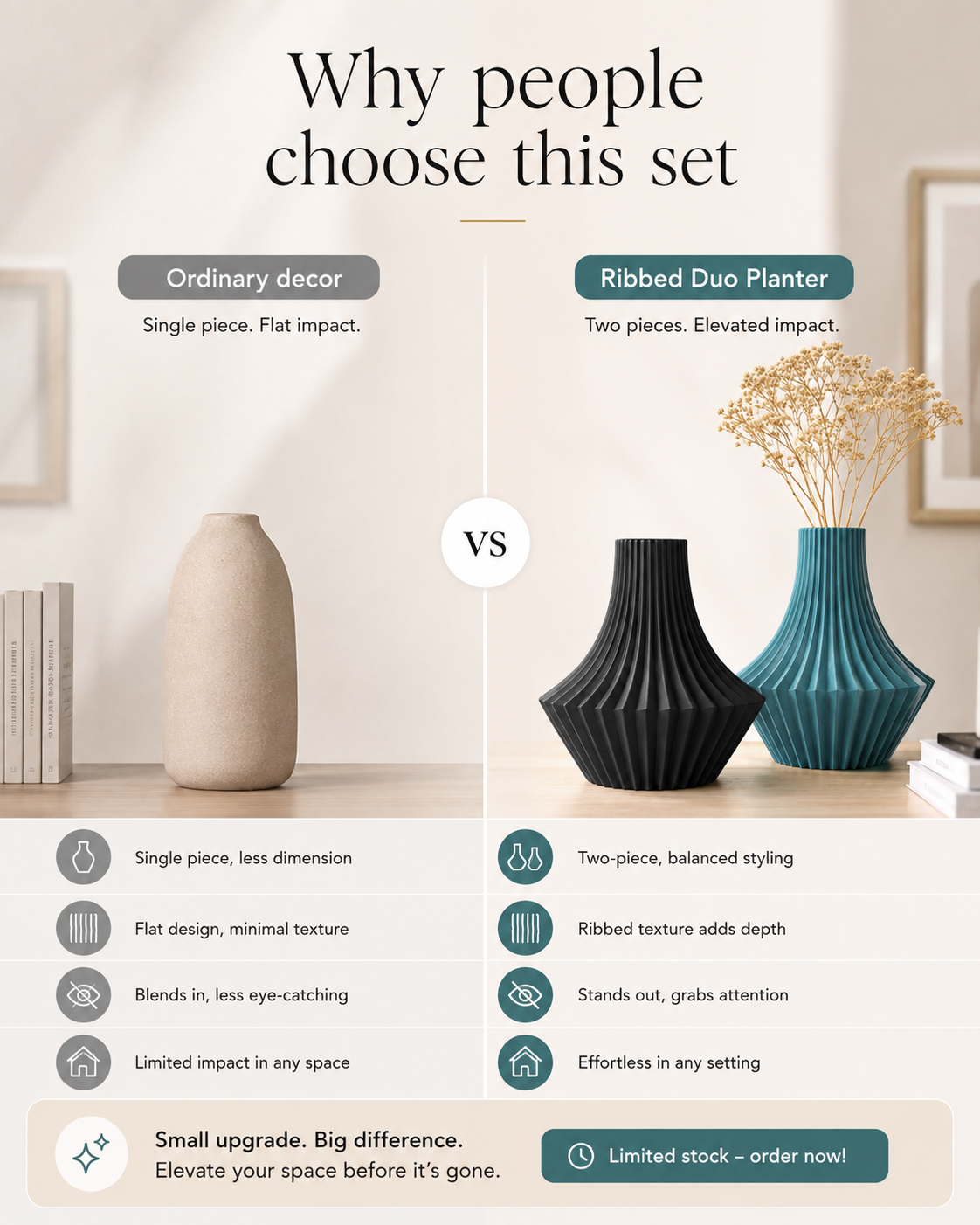 An infographic comparison graphic titled 'Why people choose this set' showing a beige ceramic vase labeled 'Ordinary decor' versus a ribbed black and teal planter set labeled 'Ribbed Duo Planter'. The graphic includes side-by-side feature comparison points and a 'Limited stock - order now!' badge at the bottom.