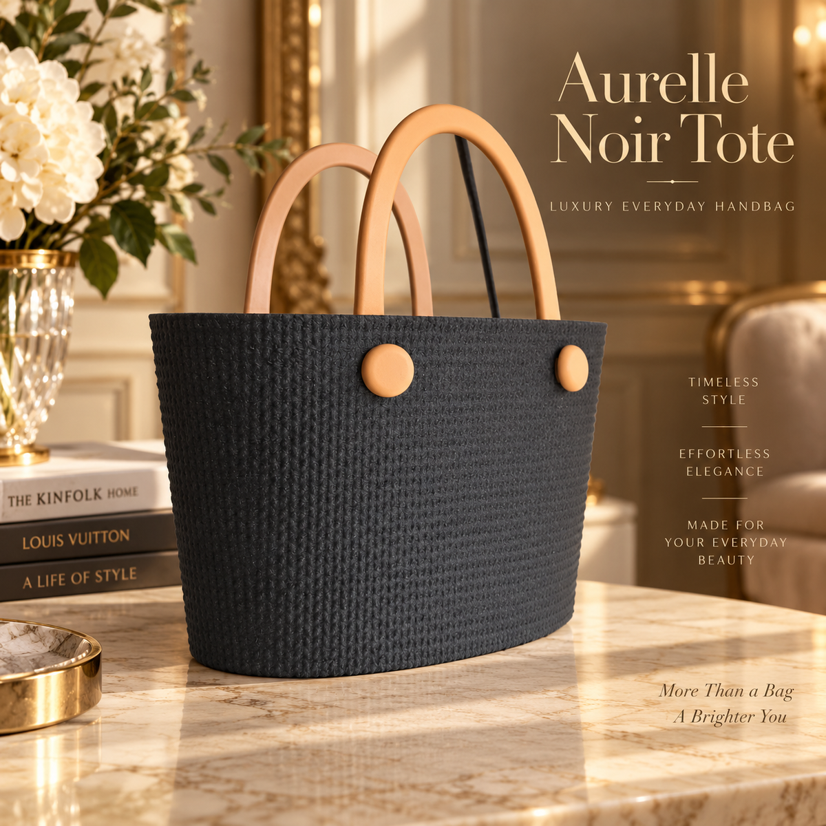 A dark navy woven tote bag with light wood handles sits on a marble surface in a warm, elegant interior setting. Text on the right reads 'Aurelle Noir Tote' and includes marketing copy.